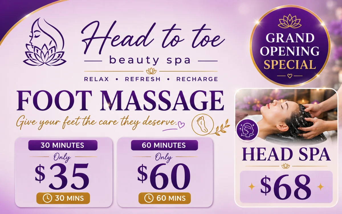 Grand Opening Special: Foot Massage 30 minutes $35, 60 minutes $60, Head Spa $68